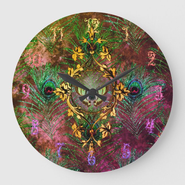 Reloj Redondo Grande Capucha de pavo real victoriana mariposa elegante  (Anverso)