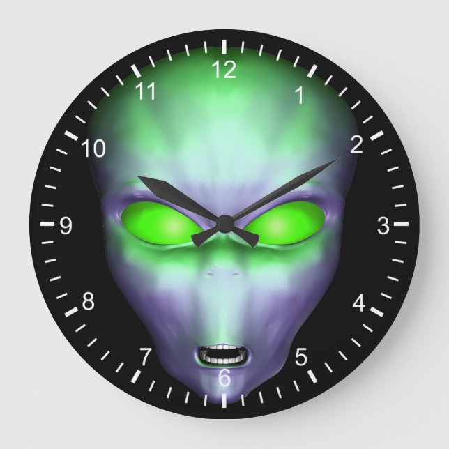 Reloj Redondo Grande Cara de alienígena verde (Anverso)