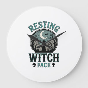 Reloj Redondo Grande Cara de Bruja en Reposo Diseño Vintage de Hallowee