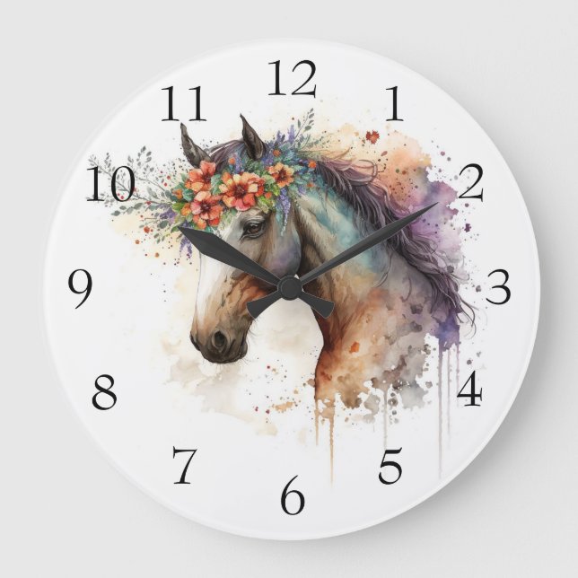 Reloj Redondo Grande Cara de caballo con flores (Anverso)