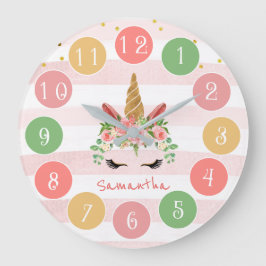 Reloj Redondo Grande Cara de unicornio rosado con flores
