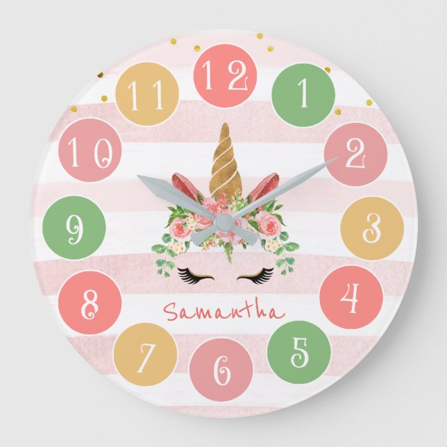 Reloj Redondo Grande Cara de unicornio rosado con flores (Anverso)