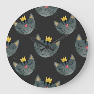 Reloj Redondo Grande Caras de gato acuarela, sin costura.