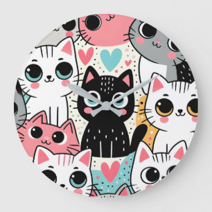 Reloj Redondo Grande Caras de gato kawaii lindas y corazones caprichoso