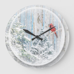 Reloj Redondo Grande Cardenal de pájaro rojo del bosque de invierno Sn