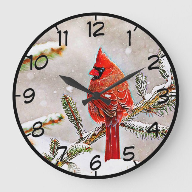 Reloj Redondo Grande Cardenal en un pino en invierno (Anverso)
