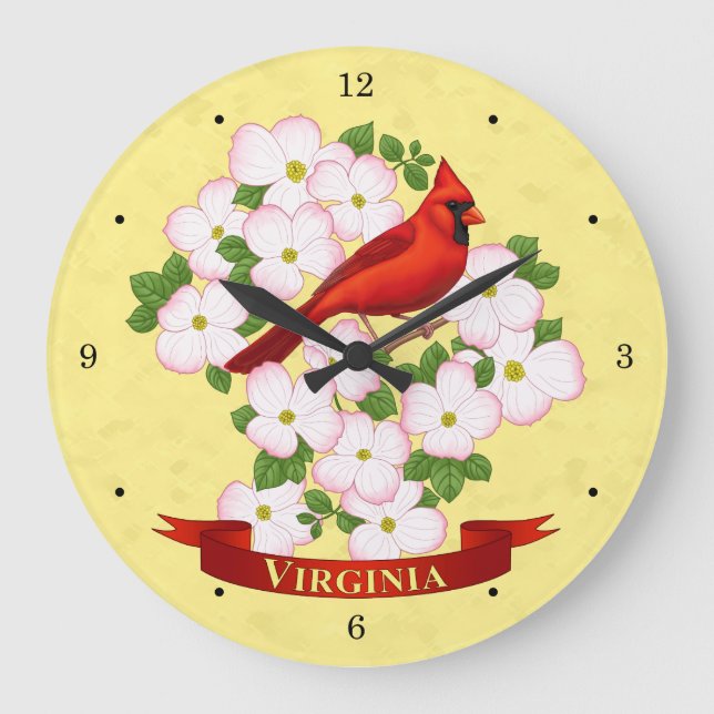 Reloj Redondo Grande Cardenal estatal de Virginia Bird and Dogwood Flow (Anverso)