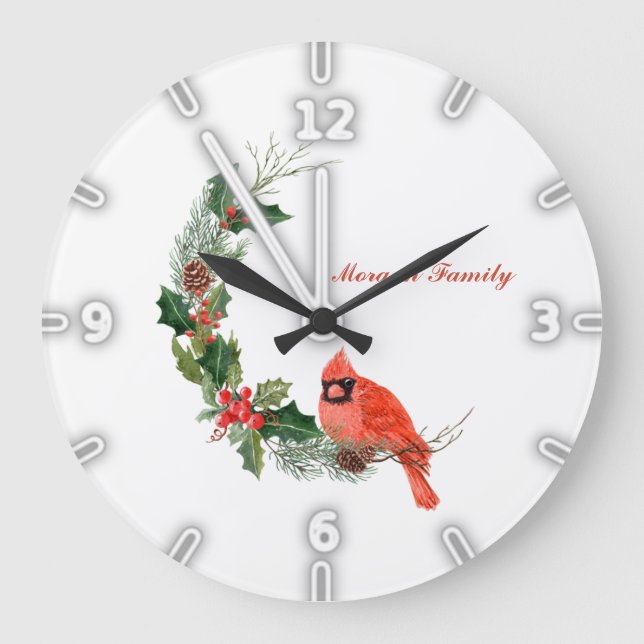 Reloj Redondo Grande Cardenal rojo Bird Holly Berry Navidades (Anverso)