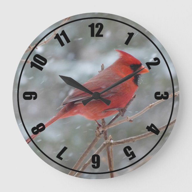 Reloj Redondo Grande Cardenal rojo en invierno (Anverso)