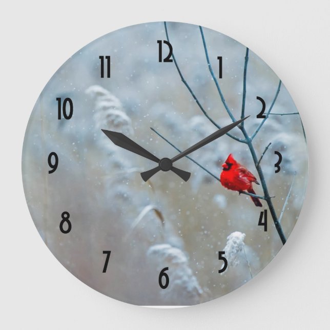 Reloj Redondo Grande Cardenal rojo en Navidades de fotografía de natura (Anverso)
