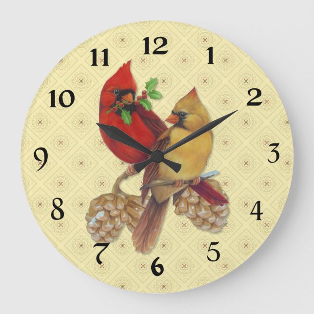 Reloj Redondo Grande Cardenales de invierno Pine y Holly (Anverso)