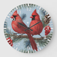 Cardenales rojos, bayas, ramas de pino, pineconas