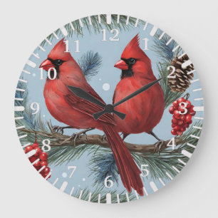 Reloj Redondo Grande Cardenales rojos, bayas, ramas de pino, pineconas