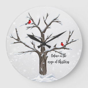 Reloj Redondo Grande Cardenales rojos de invierno sobre árbol de nieve