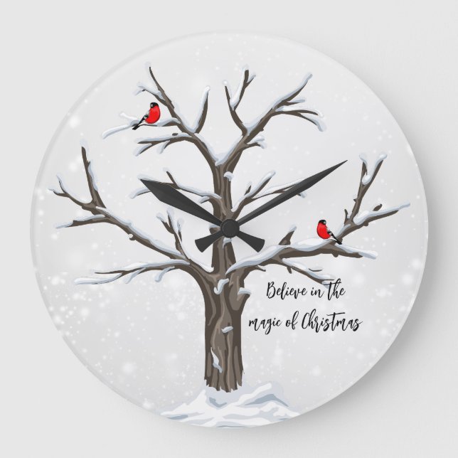 Reloj Redondo Grande Cardenales rojos de invierno sobre árbol de nieve (Anverso)