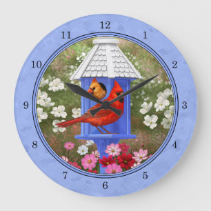 Reloj Redondo Grande Cardenales y azul de la casa de aves redonda