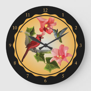 Reloj Redondo Grande Cardinal and Hummingbird with Pink Lilies and Ivy