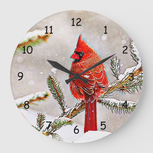 Reloj Redondo Grande Cardinal in a pine tree in winter (Anverso)