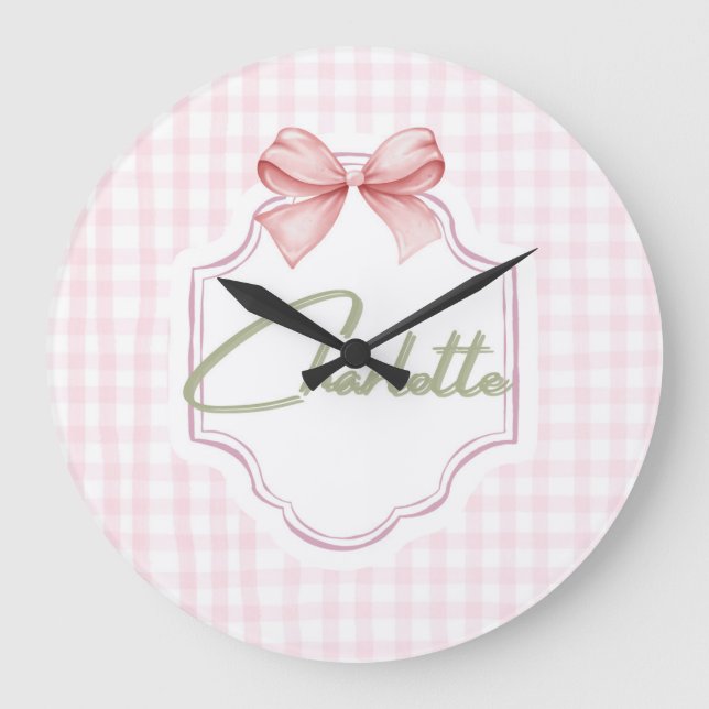 Reloj Redondo Grande Carlota Personalizada Rosa Bow & Gingham Print (Anverso)