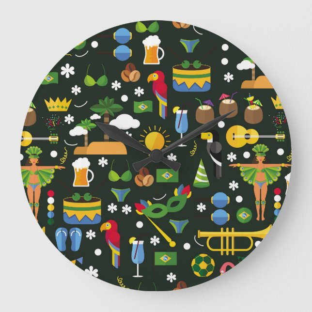 Reloj Redondo Grande Carnaval brasileño, textura vintage plana. (Anverso)