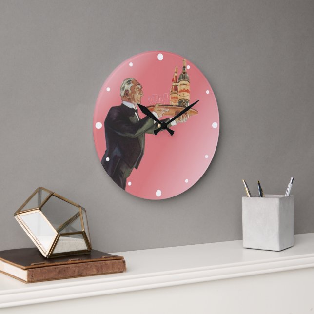 Reloj Redondo Grande Carnicero de época en un esmoquin sirviendo vino e (Oficina)