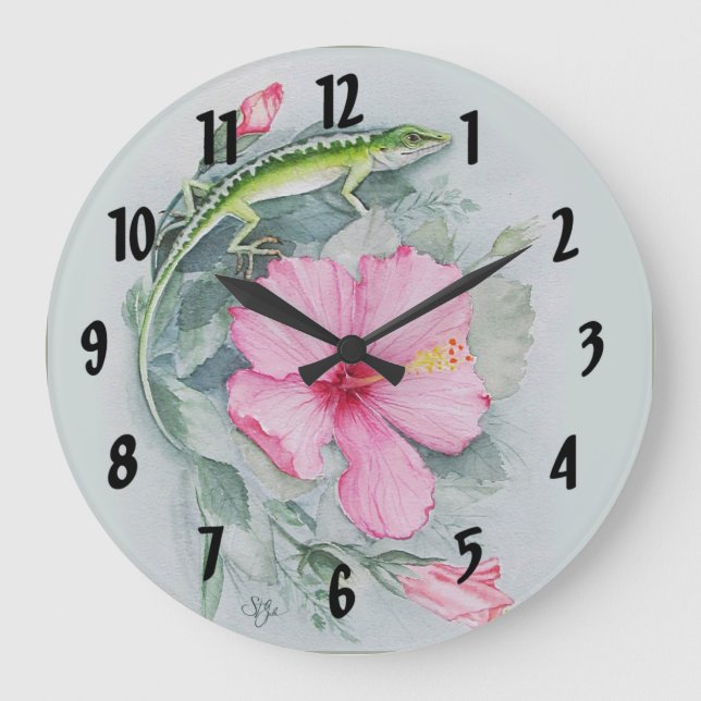 Reloj Redondo Grande Carolina Anole & Hibiscus (Anverso)