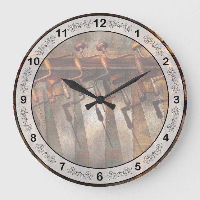 Reloj Redondo Grande Carpintero - Sierras y berbiquíes (Anverso)