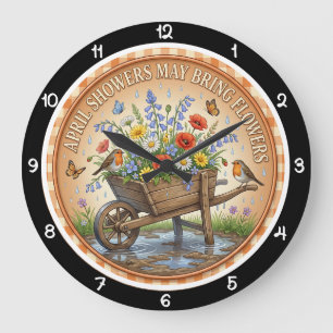 Reloj Redondo Grande Carretilla Flor Silvestre Primavera Herencia