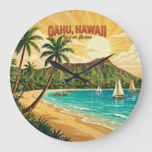 Reloj Redondo Grande Carteles de viaje hawaianos antiguos - Oahu
