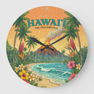 Reloj Redondo Grande Carteles de viaje hawaianos vintage - Isla de Hawá