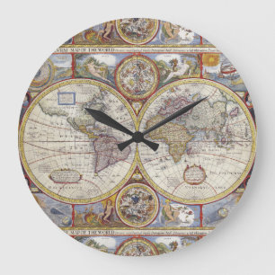 Reloj Redondo Grande Cartografía ilustrada del mapa del mundo 1626