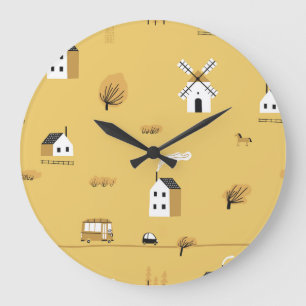 Reloj Redondo Grande Casa colorida, árboles, paisaje de caballos