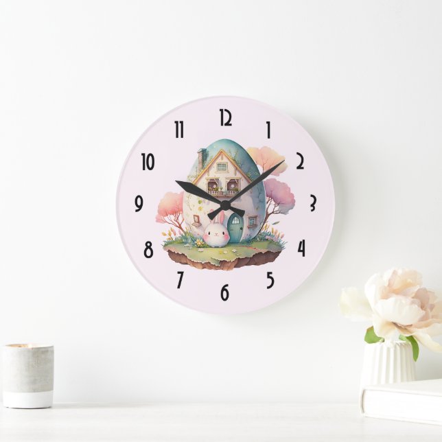 Reloj Redondo Grande Casa con forma de conejo y huevo rosa estilo Kawai (Hogar)
