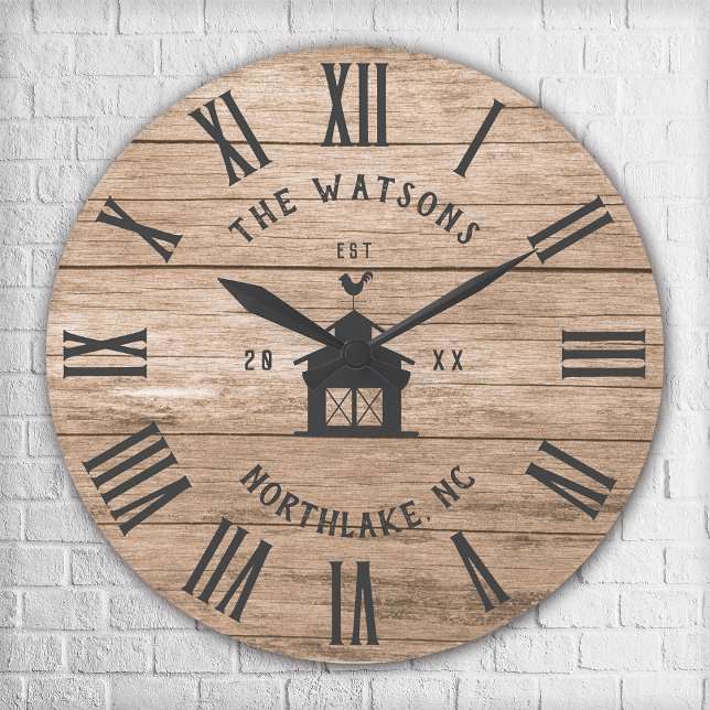 Reloj Redondo Grande Casa de campo moderna rústica personalizada nombre (Rustic Modern Farmhouse Custom Family Name Vintage Large Clock)