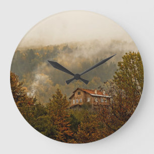 Reloj Redondo Grande Casa de madera forestal: Tranquila escena