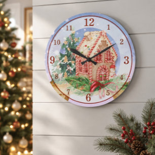 Reloj Redondo Grande Casa de Pan de Jengibre de Navidad Acuarela Acríli