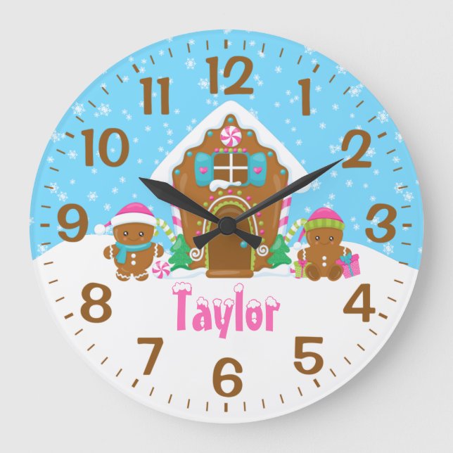 Reloj Redondo Grande Casa de pan de jengibre rosa y azul (Anverso)