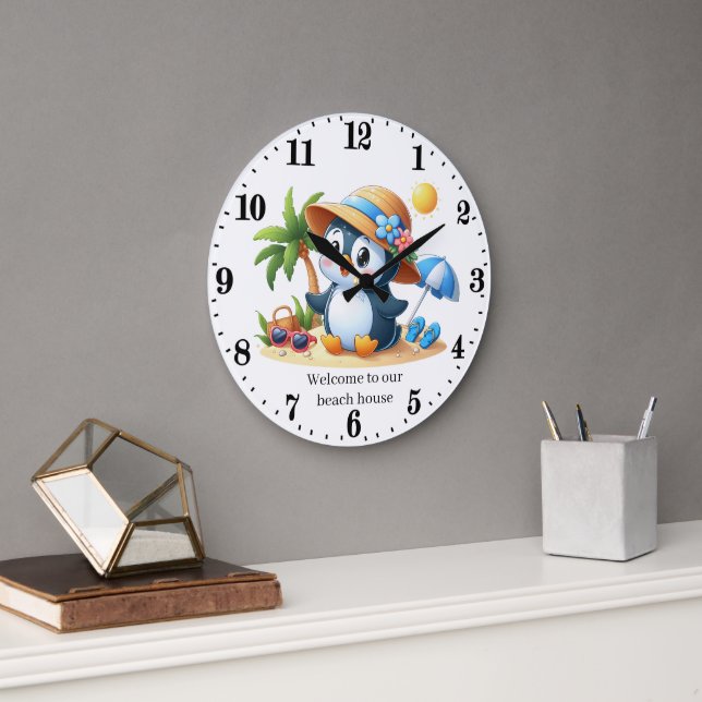 Reloj Redondo Grande Casa de playa de pingüino lindo  (Oficina)