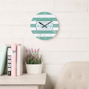 Reloj Redondo Grande Casa de Playa Nombre Personalizado Rayas Turquesa