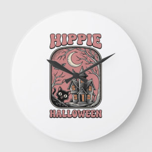 Reloj Redondo Grande Casa embrujada de gato de Halloween hippie diseño 