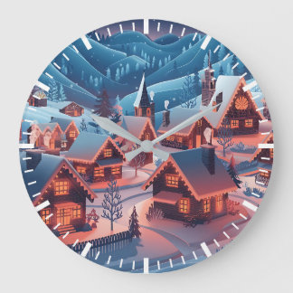Reloj Redondo Grande Casas cubiertas de nieve con luces de Navidad