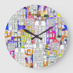 Reloj Redondo Grande Casas de Amsterdam: Patrón Seamless de acuarela