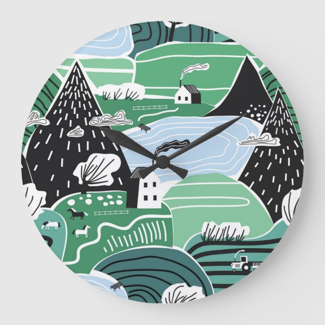 Reloj Redondo Grande Casas escandinavas, árboles, ilustracion montañoso (Anverso)