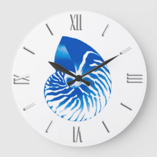 Reloj Redondo Grande Cáscara del nautilus - azul y blanco de cobalto