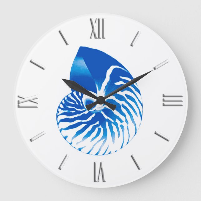 Reloj Redondo Grande Cáscara del nautilus - azul y blanco de cobalto (Anverso)