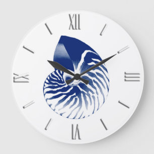 Reloj Redondo Grande Cáscara del nautilus - azules marinos y blanco
