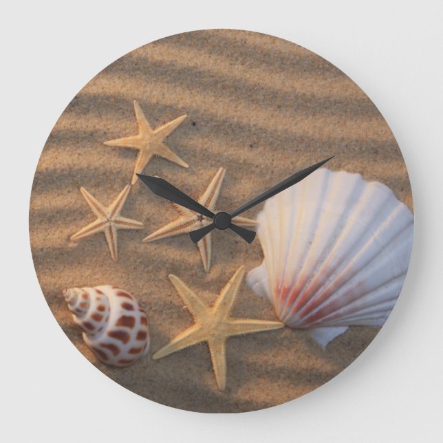 Reloj Redondo Grande Cáscaras y estrellas de mar del mar (Anverso)