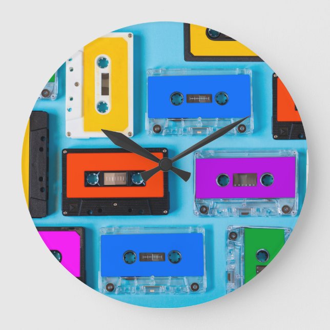 Reloj Redondo Grande Cassette retro: Colección de fondo azul (Anverso)