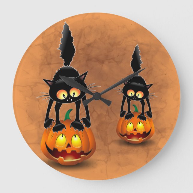 Reloj Redondo Grande Cat Halloween Scared Cartoon on Pumpkin (Anverso)
