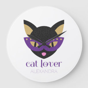 Reloj Redondo Grande Cat Lover Cute Black Purple Gold Customized Name